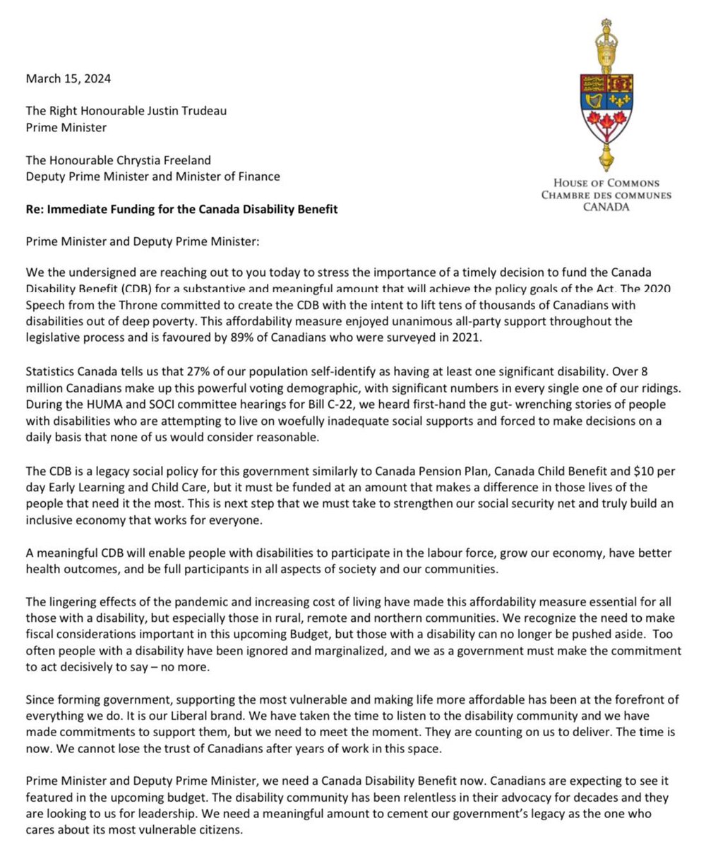 Canadians with disabilities have waited long enough and deserve funding. I have co-signed this letter alongside 47 of my colleagues to stress the importance of funding the Canada Disability Benefit (CDB) in the upcoming budget. 

We agree that a meaningful CDB will enable people