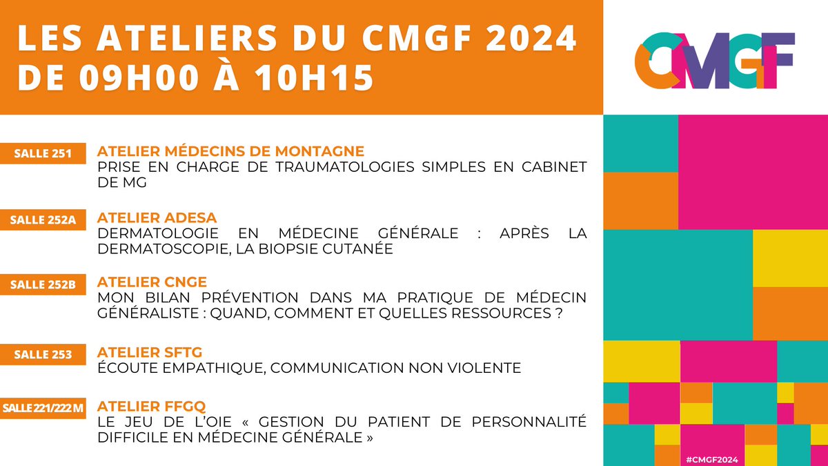 Maintenant 🔴 Plusieurs de nos amis partenaires vous proposent de participer à un atelier, lequel allez-vous choisir ? #CMGF2024 ➡️ congresmg.fr/programme
