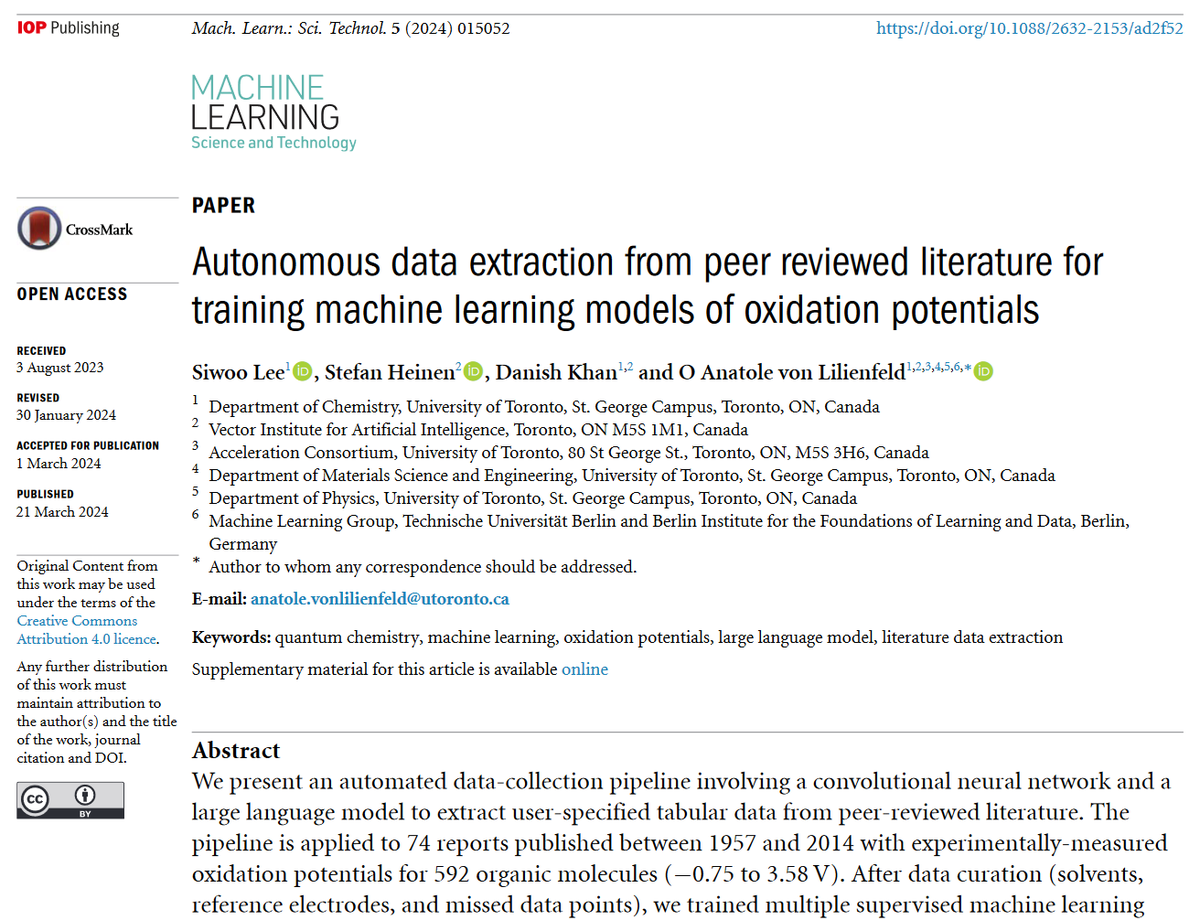 Great new work by <a href="/ProfvLilienfeld/">Anatole von Lilienfeld</a> et al <a href="/UofTEngineering/">University of Toronto Engineering</a> @researchuoft <a href="/acceleration_c/">Acceleration Consortium (AC)</a> <a href="/VectorInst/">Vector Institute</a> <a href="/ml_tuberlin/">ML Group, TU Berlin</a>-'#Autonomous #data extraction from peer reviewed literature for training #machinelearning models of oxidation...'-iopscience.iop.org/article/10.108… #compchem #materials #AI #LLM