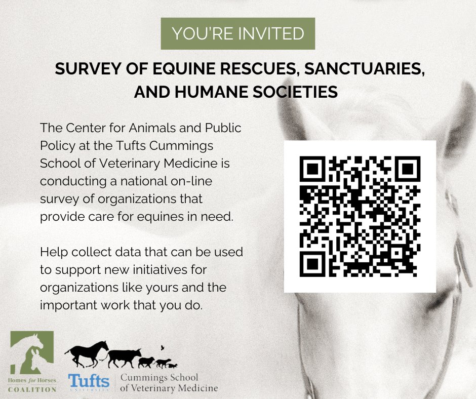 Researchers at <a href="/TuftsCAPP/">Tufts | Center for Animals and Public Policy</a> are conducting an online survey of rescues, sanctuaries, and humane societies that provide care for equines in need. 

Share your perspectives by clicking the link or scanning the QR code!

tufts.qualtrics.com/jfe/form/SV_9L…