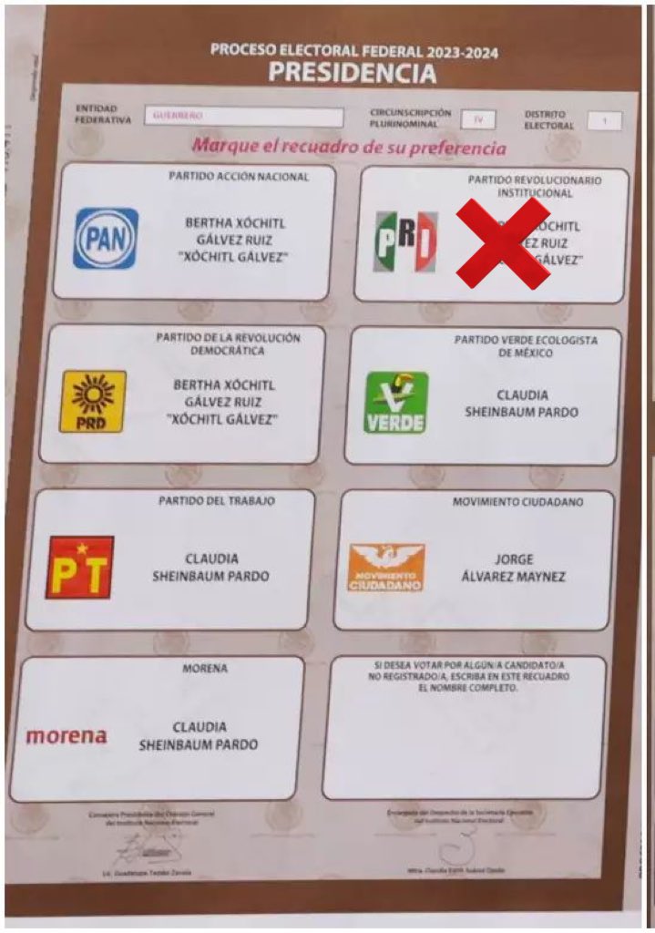 ClaudiaShitbaum's tweet photo. A todos los que apoyan la transformación, 
Aquí les presento la estrategia a seguir para “EL PLAN C” del presidente Andrés Manuel para lograr las reformas estructurales que requiere la 4T. sabemos que odian al PRIAN, entonces, deben ponerle una cruz al PRI o una al PAN para que ellos desaparezcan y quitarles el registro, así, ni Alito Moreno ni Marko Cortéz podrán obtener una curul y tampoco fuero. 

Mi nombre, “Claudia”, jamás debe ser manchado, entre mas boletas limpias y sin marcar tenga, mas años duraré en la presidencia.

¡Que siga la transformación con corrupción! 

VOTA ASÍ 👇🏼👇🏼👇🏼