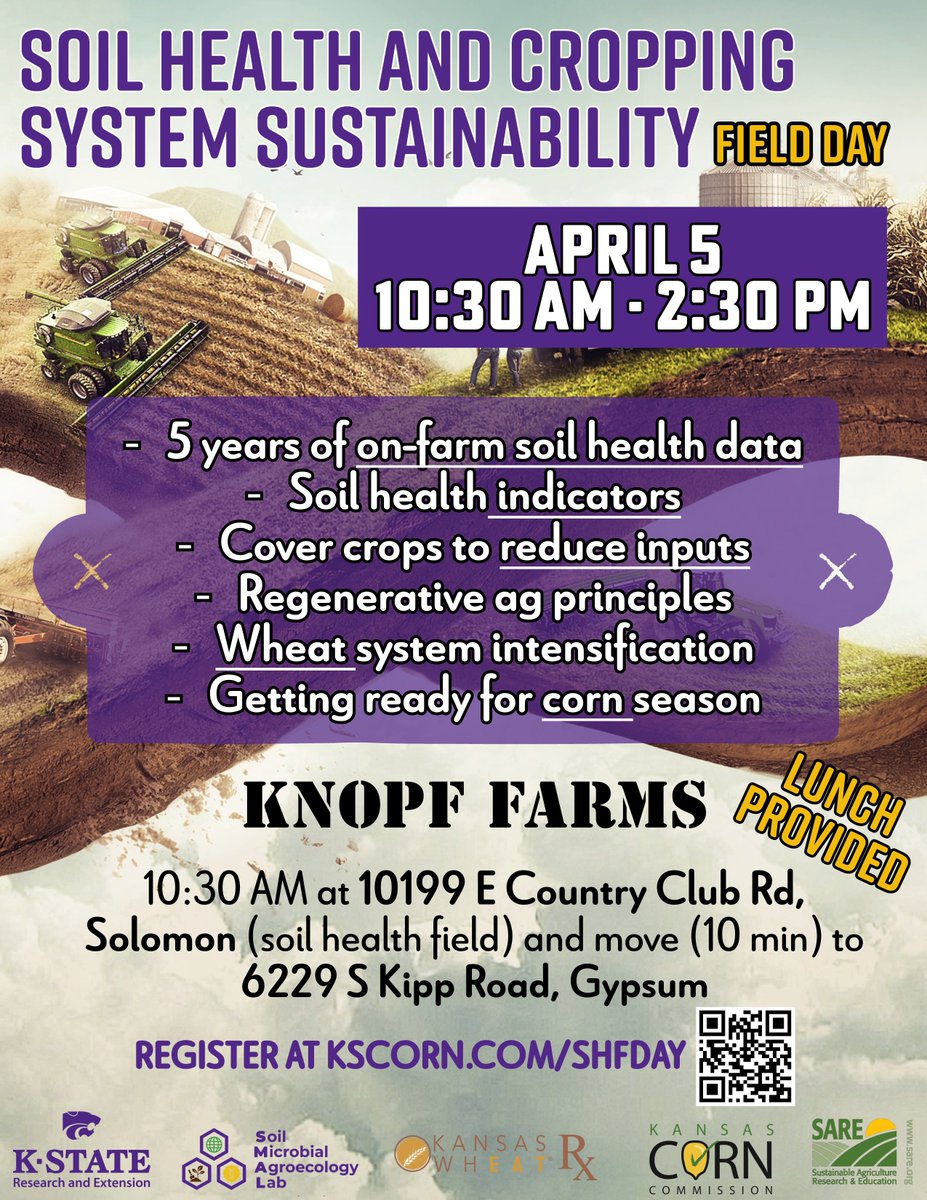 NDSUsoilhealth's tweet photo. Soil Health &amp; Cropping System Sustainability #fieldday in Solomon/Gypsum, KS. 5 years of #ofarm #SoilHealth  #data with #covercrops! Come to see the differences for yourself!

Registration: https://t.co/NBSxkXMaYz https://t.co/UUdQMB8oOc