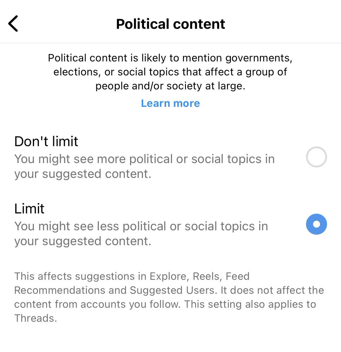 instagram quietly introducing a “political” content preference and turning on “limit” by default is insane?