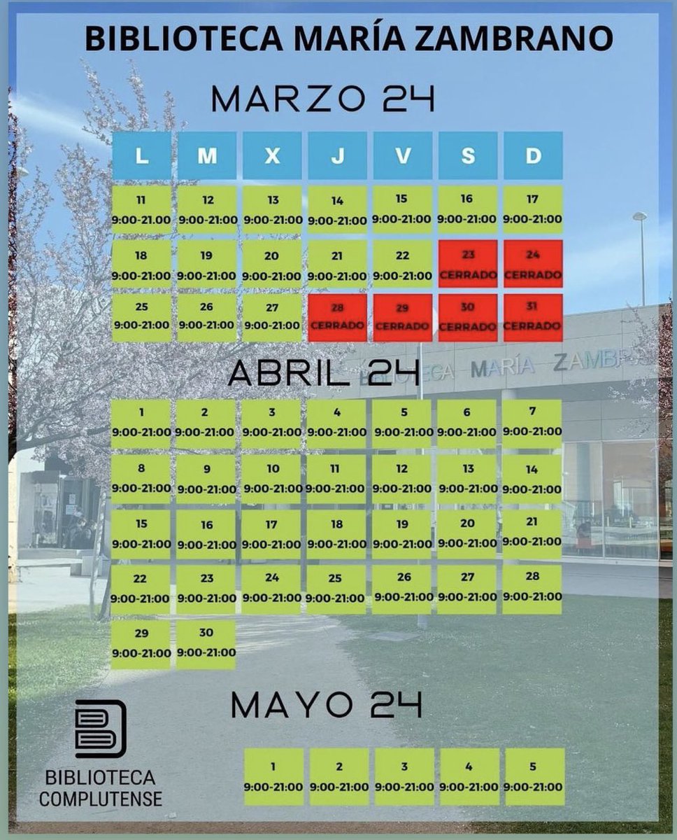 Recordad que todos los centros y servicios de #LaComplutense permanecerán #cerrados del  22 de marzo al 1 de abril (ambos inclusive), a excepción de la Biblioteca María Zambrano, que #abrirá el 25, 26 y 27 de marzo, y 1 de abril, de 9 a 21h.

Gracias <a href="/BComplutense/">Biblioteca Complutense</a> 🤗