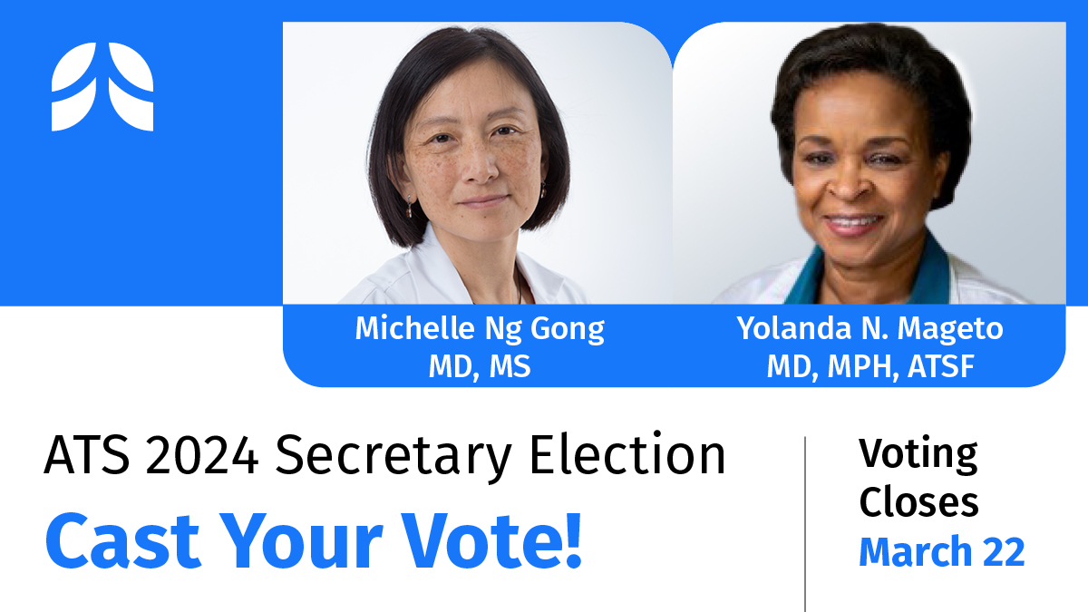 LAST CHANCE!⌛Vote in the 2024 ATS Secretary Election! 📥 The ATS Nominating Committee has put forward two candidates for consideration: Michelle Ng Gong, MD, MS, and Yolanda Mageto, MD, MPH, ATSF. Voting is open through Friday, March 22. 🔗Vote here: bit.ly/49HrGBn