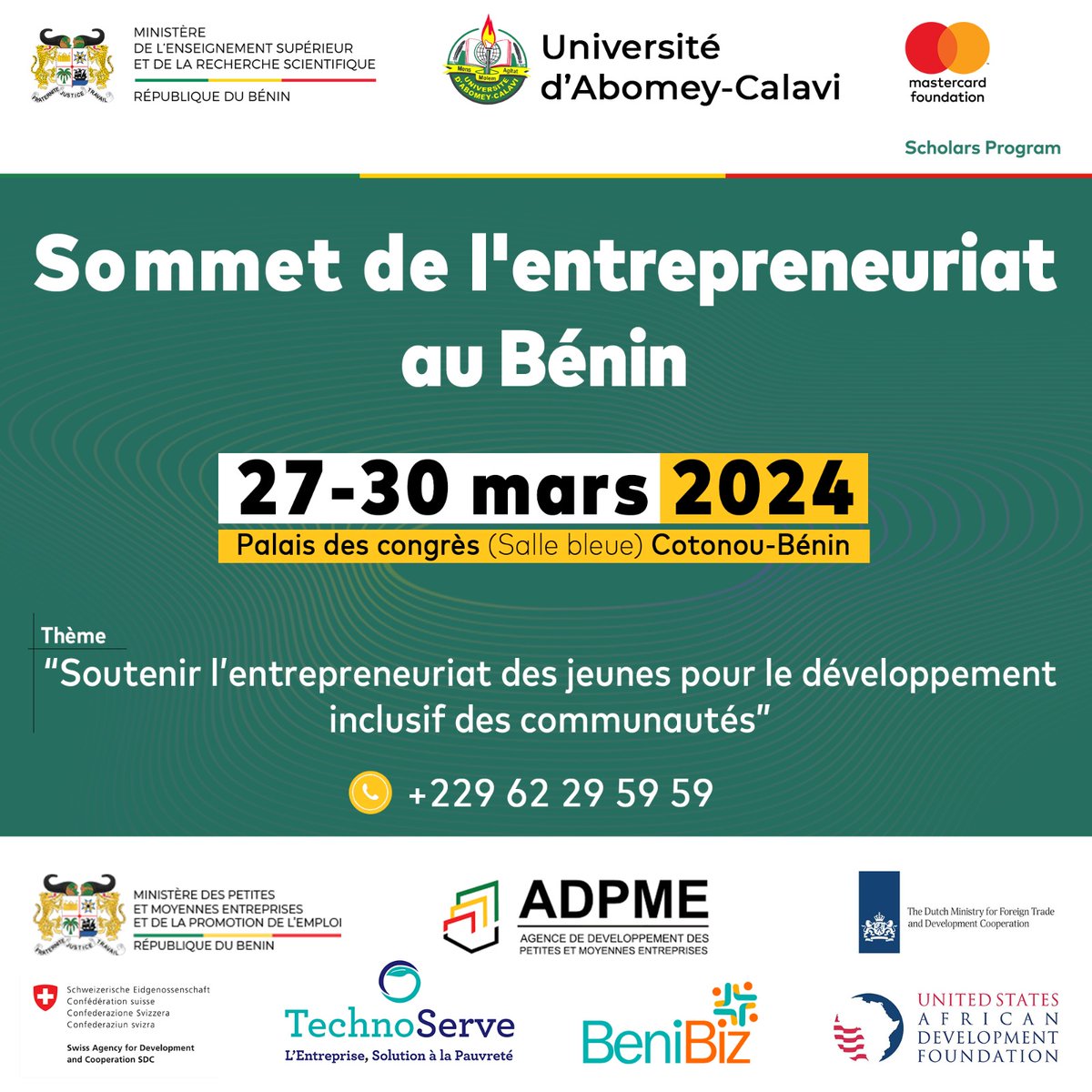 🚀Ne manquez pas le Sommet de l'Entrepreneuriat au Bénin du 27 au 30 mars 2024 au Palais des congrès de Cotonou pour découvrir les opportunités/défis des secteurs de l'agrobusiness, des énergies renouvelables et du numérique ! @DDCBenin est partenaire de l’événement. #wasexo