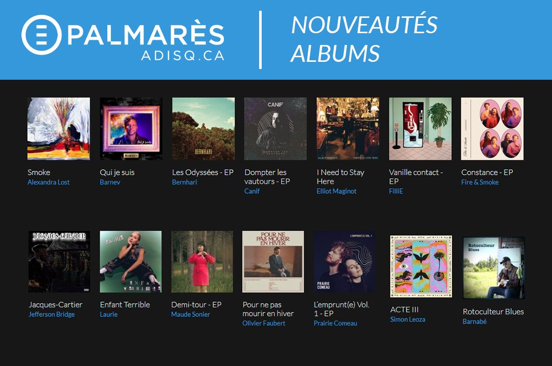 ADISQ_'s tweet image. Nouveautés albums sur #PalmarèsADISQ ➡️ palmaresadisq.ca/fr/nouveautes/                                    

Découvrez les nouveaux albums de @alexandralostqc, @bernhari, @ElliotMaginot et plus encore! 💙