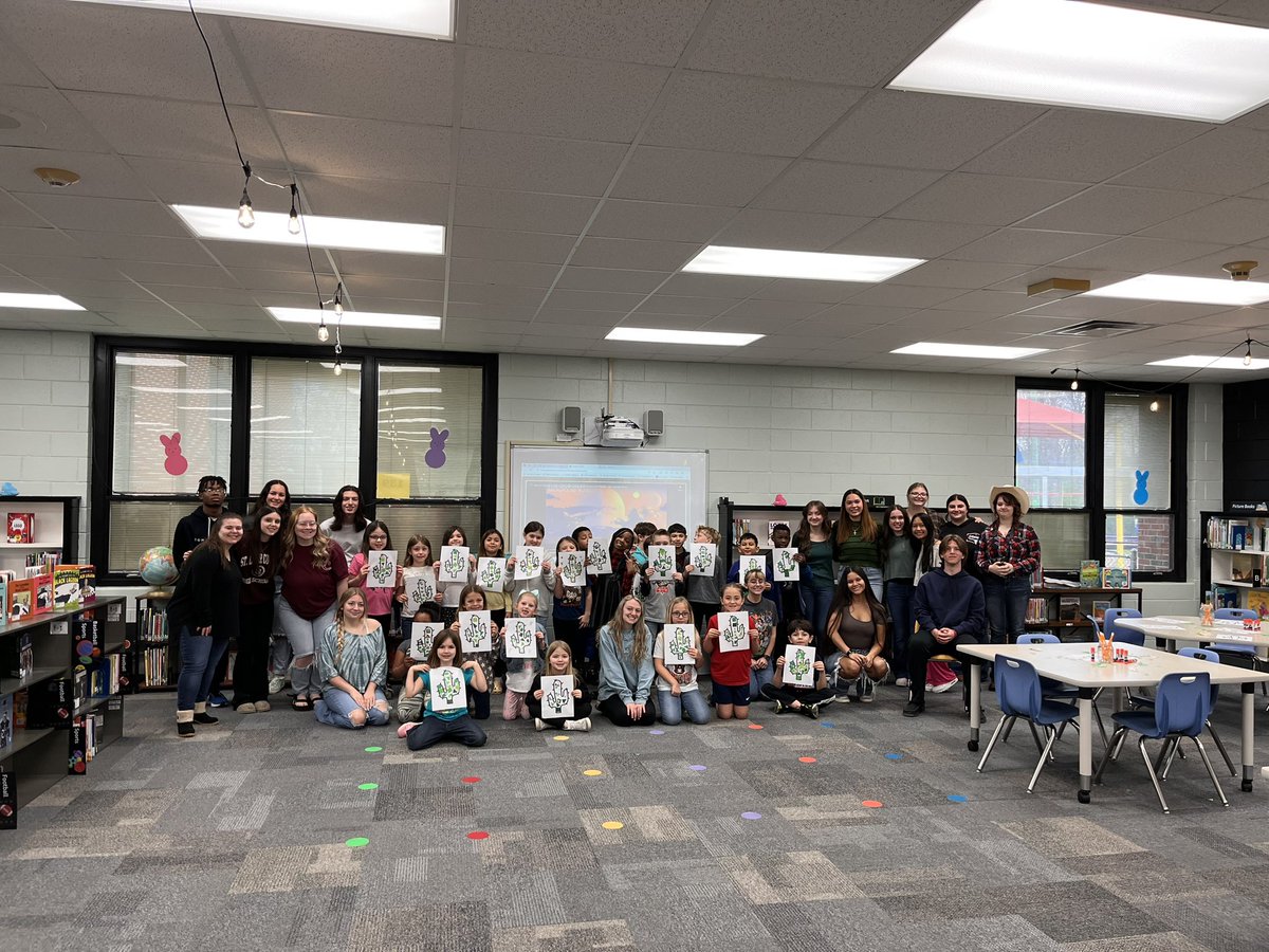 library_OESSCC's tweet photo. 🌵🏜️We closed down literacy month at OES with a collaboration with @ScchsArt. Art and Peer helpers from @ScchsSaints taught our students about Georgia O’Keefe and made cactus mosaics! 🏜️🌵 https://t.co/URWsVoG7am