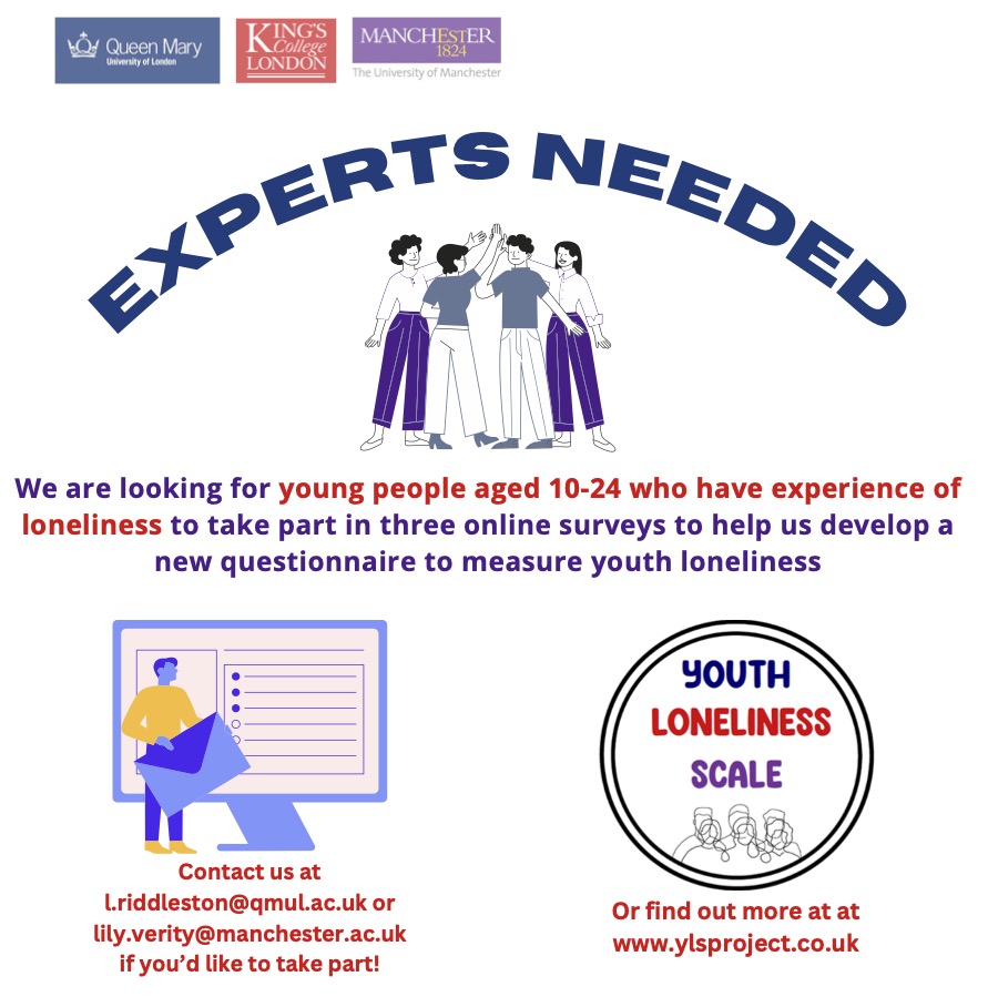 PLS Share! We are looking for young people aged 10-24 who have experience of #loneliness to take part in three online #surveys to help us develop a new questionnaire to measure #youth loneliness. See attached info and this video: canva.com/design/DAF_NLi…