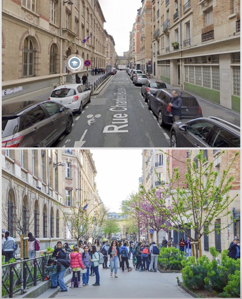 A school street in Paris before and after. This is the level of transformation that we deserve in Cork.