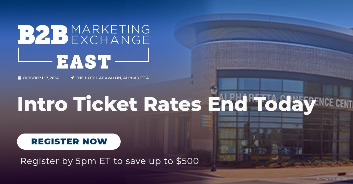 Secure your spot at #B2BMXEast with our lowest pricing ever before it's gone. Join us in Georgia for a one-of-a-kind event that will empower and inspire you to #makemoves in your B2B career. Introductory rates end today at 5 PM ET! bit.ly/3VuI8AL