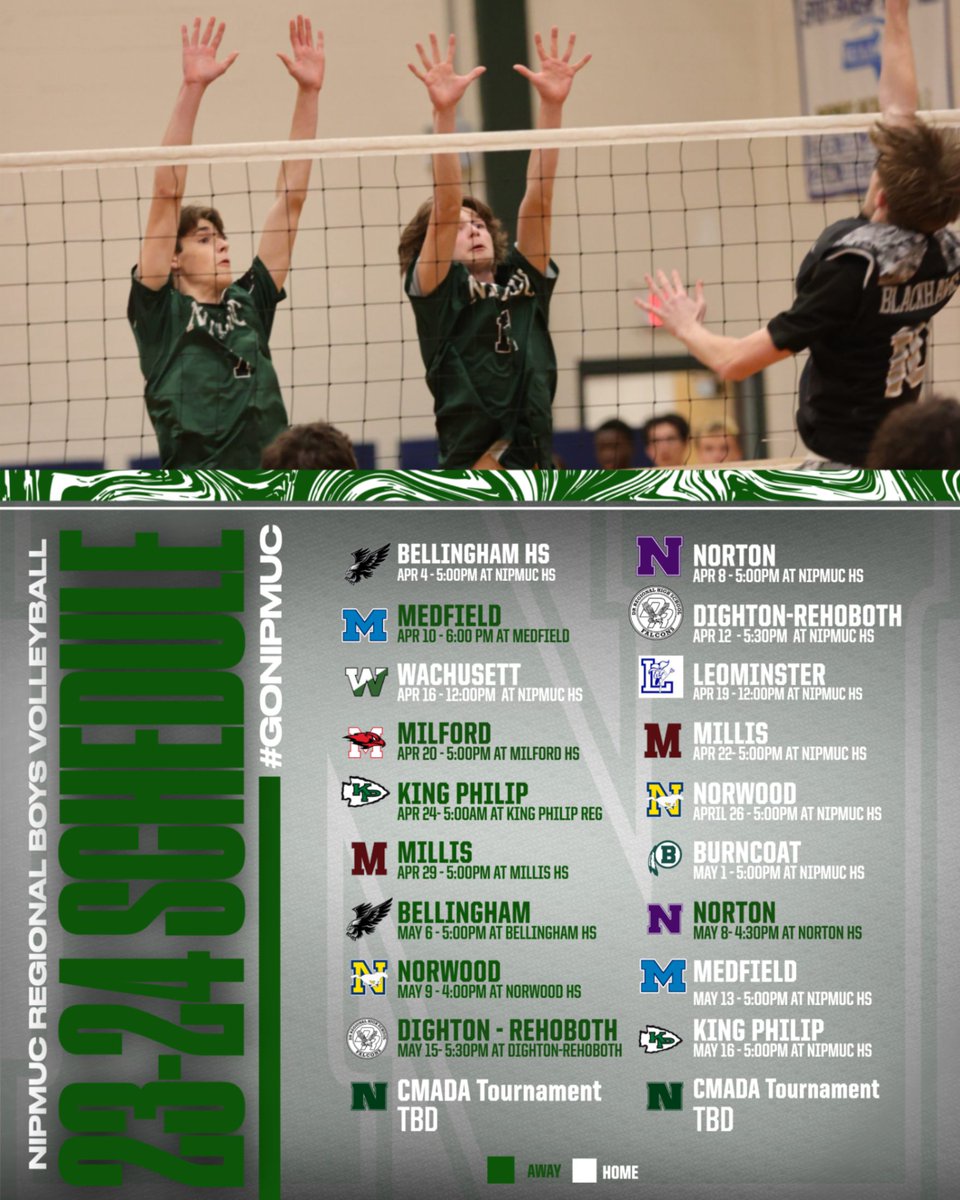 NipmucAD's tweet photo. Nipmuc Boys Volleyball 2024 Schedule #GoNipmuc https://t.co/6y8I8duc8A