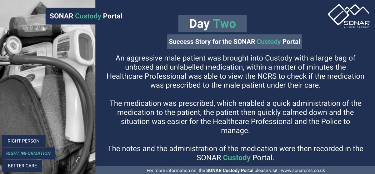 Another small-scale insight into the SONAR Custody Portal, expanding on the importance of the NCRS integration within SONAR. The quick assess can enable time-efficient solutions regarding prescription medication, reducing detainee destress and supporting healthcare professionals.