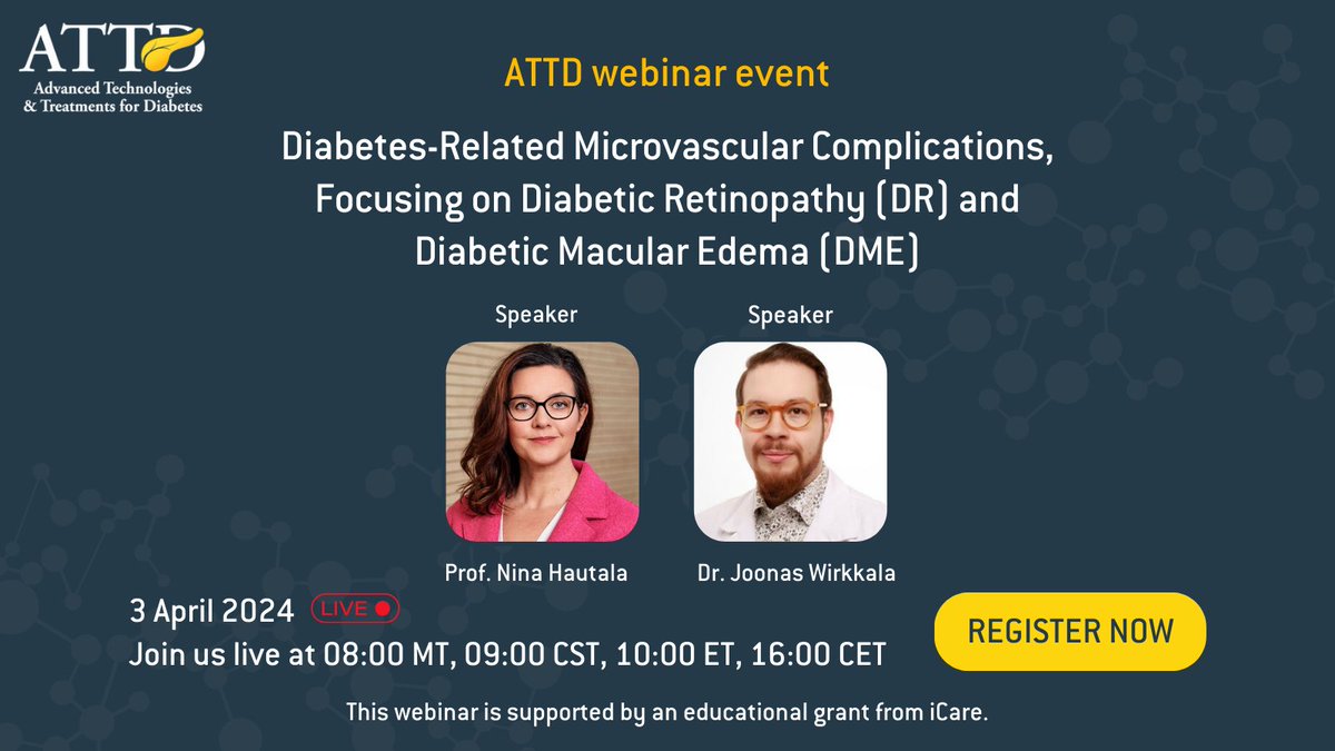 📝 Mark your calendars for an upcoming #ATTDWebinar, supported by iCare! Learn more here: bit.ly/4a6vc83 🗓️ Date: 3 April 2024 ⏰ Time: 08:00 MT, 09:00 CST, 10:00 ET, 16:00 CET Secure your spot here👉 bit.ly/4a8MQbx See you there! #ATTD24 #Diabetes #DR #DME