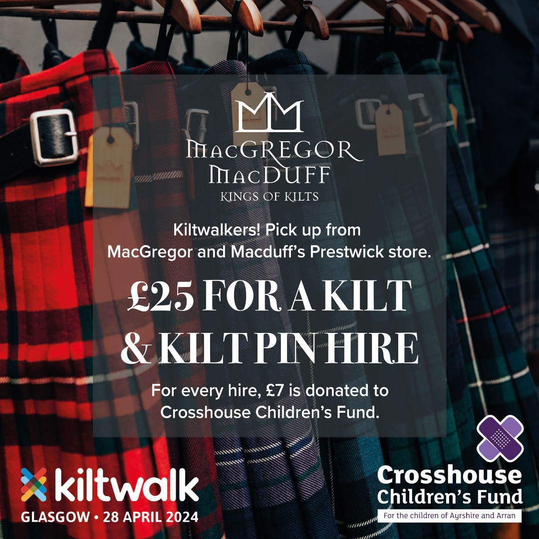 📢 Calling all Kiltwalkers! Our pals at @kingsofkilts are offering kilt and kilt pin hire for just £25. For every hire, £7 goes to Crosshouse Children's Fund. Visit their store in Prestwick or call them on 0141 280 3398. We'll be right there with you, pleats swinging! 💜