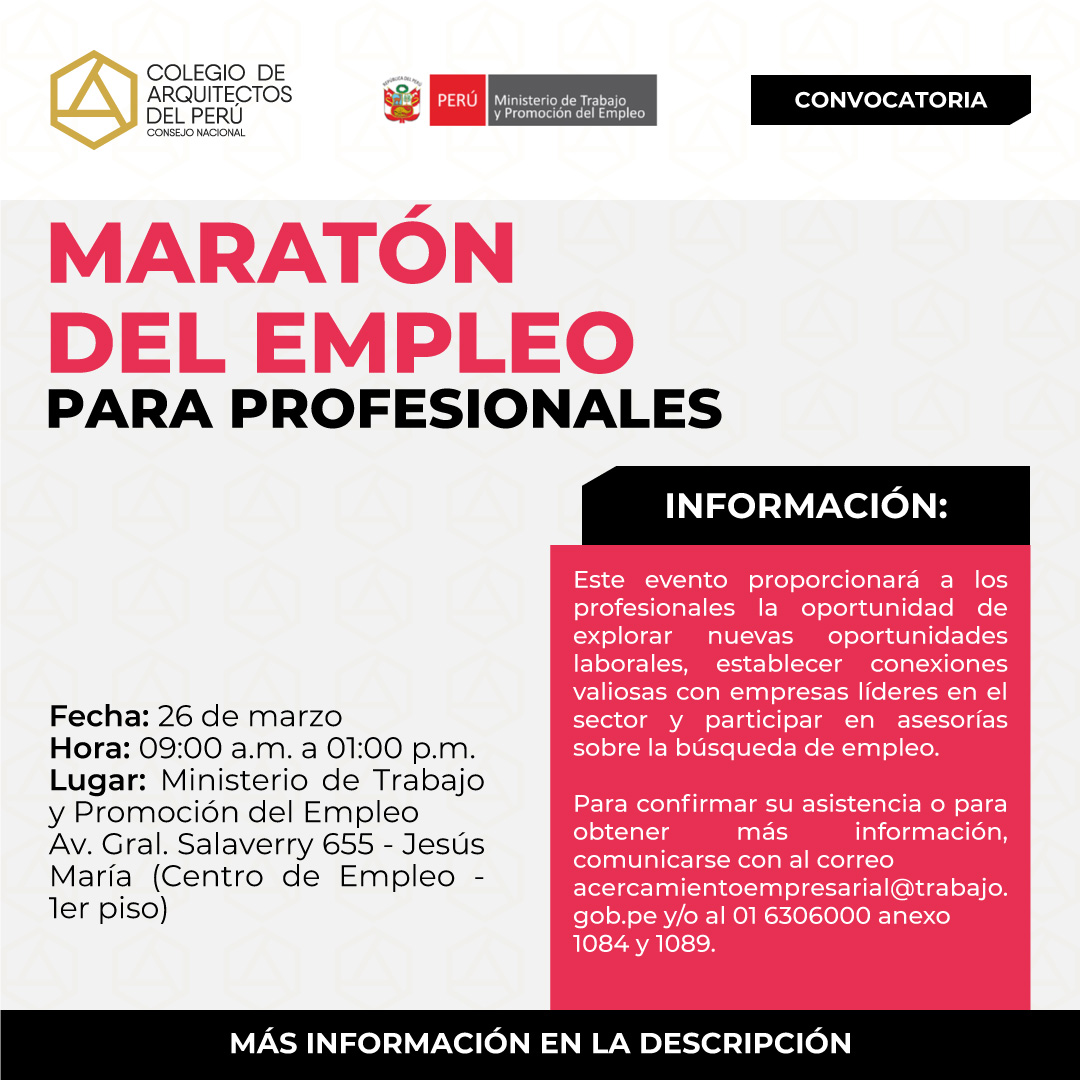 cap_cn's tweet photo. #CAPinforma
MARATÓN DEL EMPLEO Para profesionales.
- Fecha: martes 26 de marzo de 2024
- Hora: 09:00 a.m. a 01:00 p.m.
- Lugar: Ministerio de Trabajo y Promoción del Empleo (Centro de Empleo - 1er piso)
- acercamientoempresarial@trabajo.gob.pe
y/o al 01 6306000 anexo 1084 y 1089. https://t.co/mlUrFj8fcR