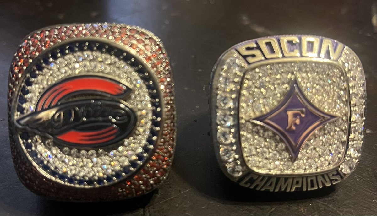What you are looking at are championship rings from the Greenville Drive and Furman football.

The Drive won the South Atlantic League championship last season, for just the second time in franchise history. The ring is larger than the Boston Red Sox 2018 World Series ring.