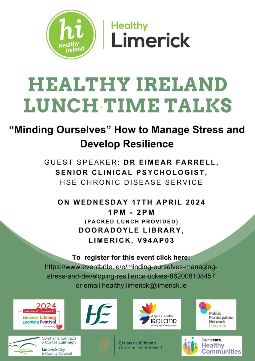 📢
HL presents a series of lunchtime talks as part of Limericks Lifelong Learning Festival which takes place from 15th - 21st April 2024.

3rd talk Wed 17th April “Minding Ourselves' 👇

To register click here: eventbrite.ie/e/minding-ours…

#LLLFestival2024 #LearnGrowExplorein2024