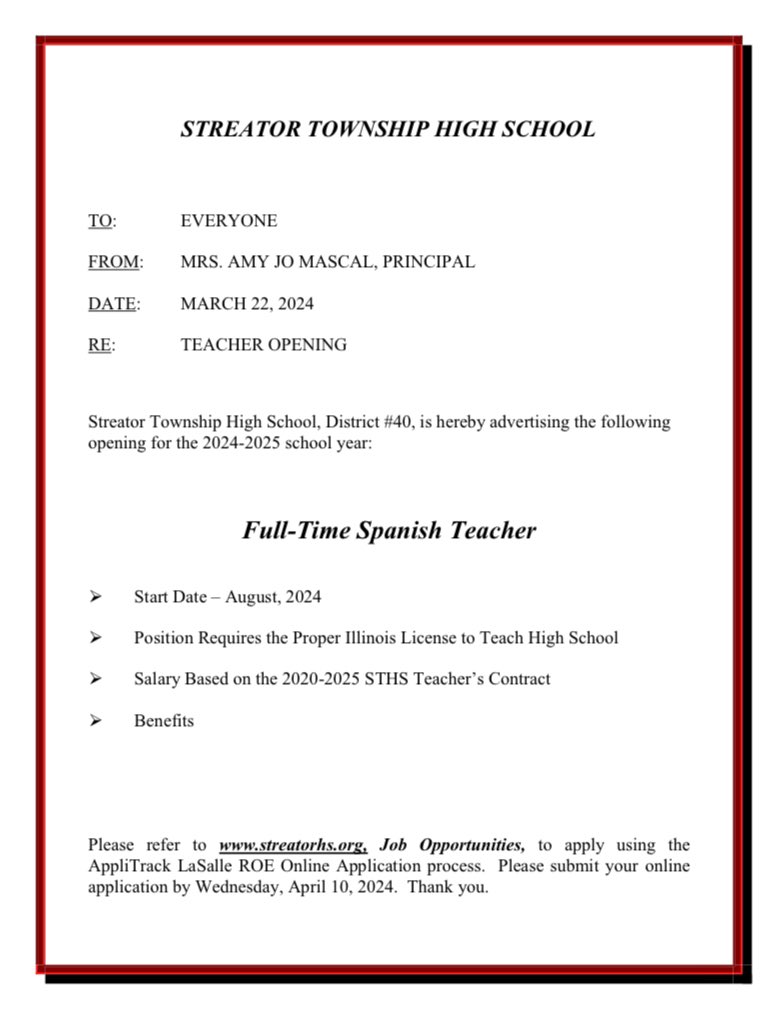 We have a job opening for a Full-Time Spanish Teacher! Follow the information pictured to apply! #shsdawgs #jobopportunity