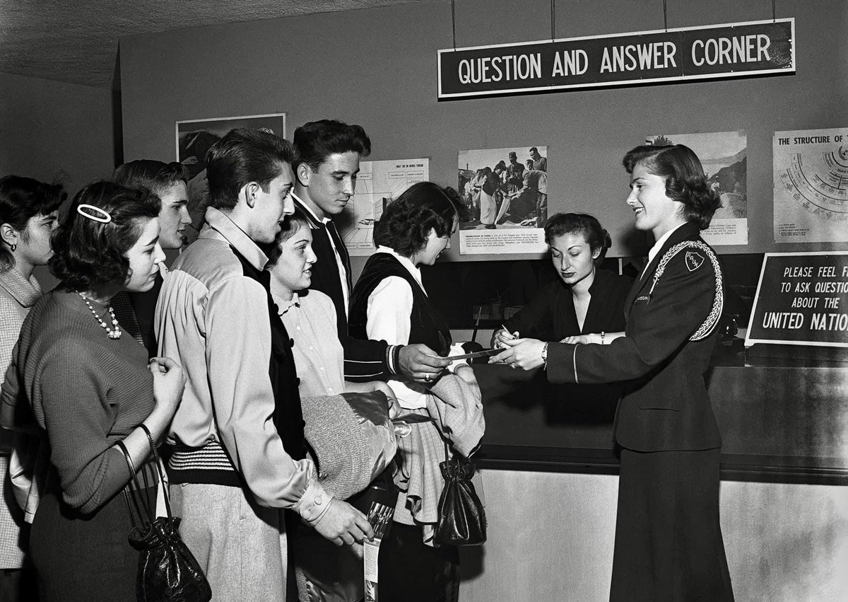 The 'Question and Answer Corner' is now called 'Public Inquiries.' It is located on the floor below the Visitors Lobby. After your guided tour, swing by to inquire about anything related to the @UN’ work and history, or grab some #UN materials! #VisitUN 📸: UN Photo / 1953