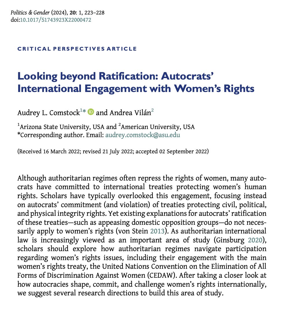 Politics & Gender (@politicsgenderj) on Twitter photo 📢New #PAG20 Critical Perspectives📢 <a href="/AudreyComstock7/">Audrey Comstock</a> & <a href="/AndyVilan/">Andrea Vilán</a> envision new paths of research on autocratic engagement with int'l women's rights treaties in "Looking beyond Ratification: Autocrats’ International Engagement with Women’s Rights" cambridge.org/core/journals/… 📢New #PAG20 Critical Perspectives📢 <a href="/AudreyComstock7/">Audrey Comstock</a> & <a href="/AndyVilan/">Andrea Vilán</a> envision new paths of research on autocratic engagement with int'l women's rights treaties in "Looking beyond Ratification: Autocrats’ International Engagement with Women’s Rights" cambridge.org/core/journals/…