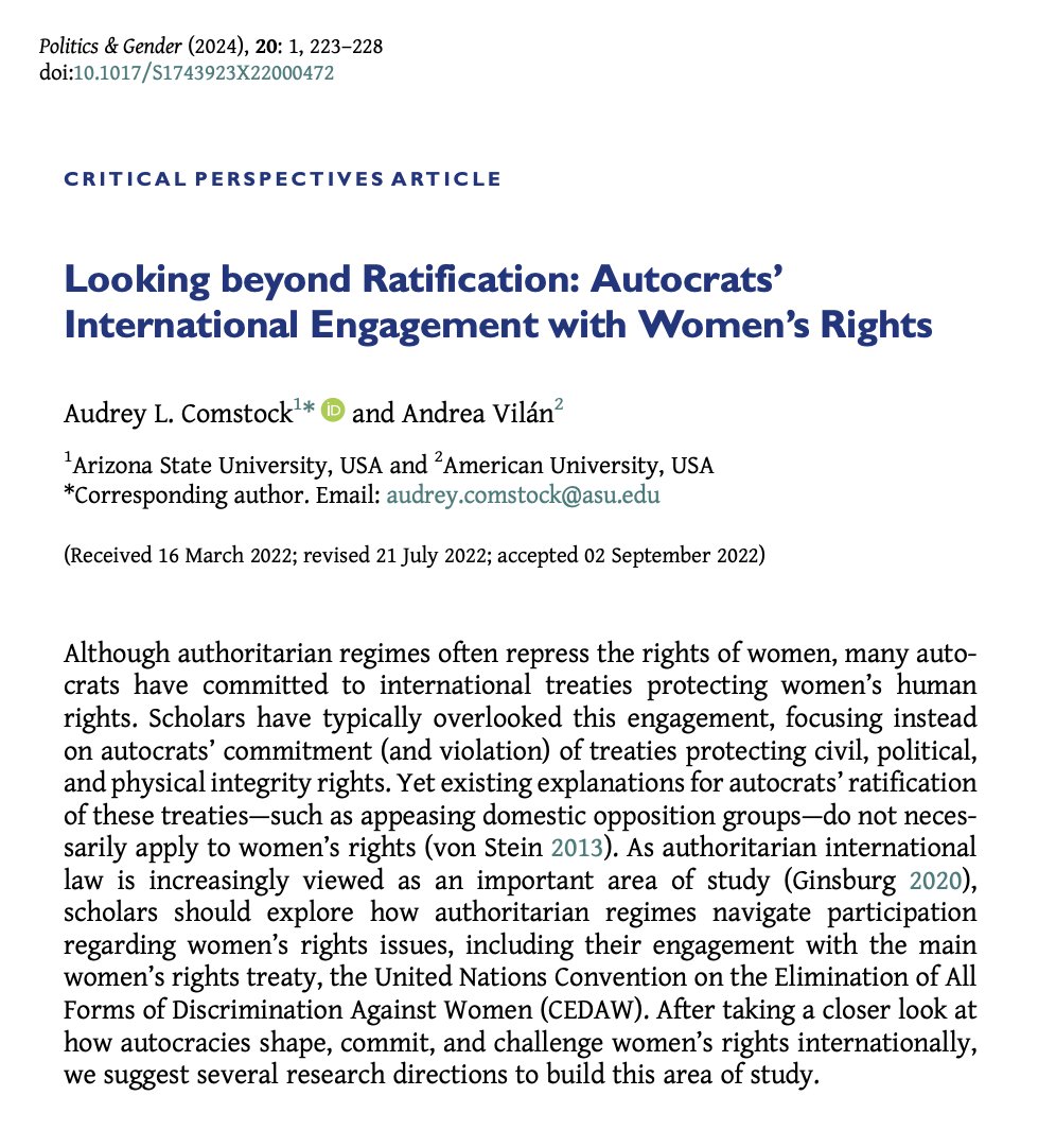 📢New #PAG20 Critical Perspectives📢 @AudreyComstock7 & @AndyVilan envision new paths of research on autocratic engagement with int'l women's rights treaties in 'Looking beyond Ratification: Autocrats’ International Engagement with Women’s Rights' cambridge.org/core/journals/…