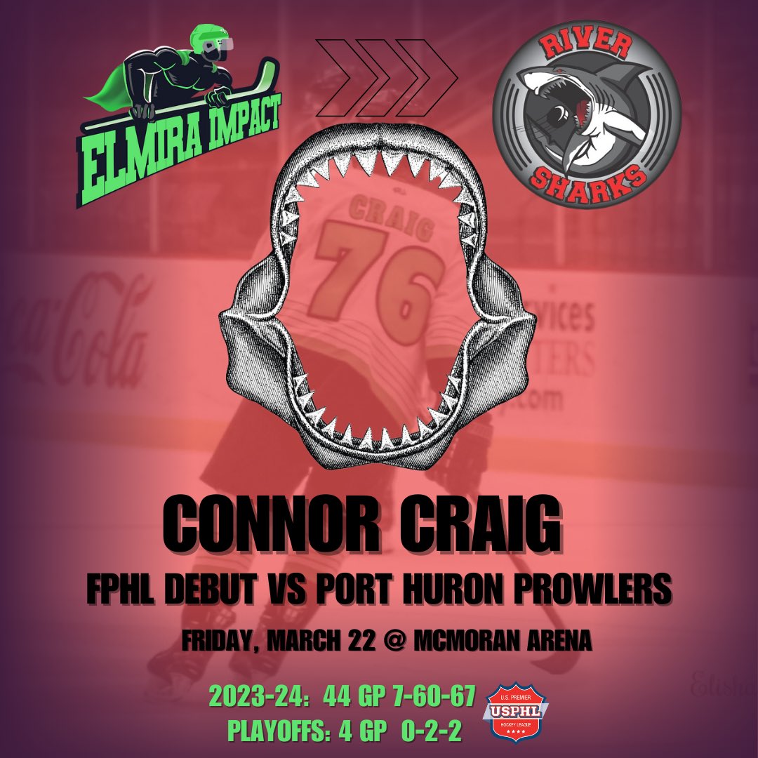 Theres a new Shark in the water‼️🦈 Congrats to Craiger on his upcoming FPHL debut with the Elmira River Sharks! You can watch our all-time leader in points among DMen tonight on Youtube, and when the Sharks return to First Arena next weekend. #FearTheFin #PrepareForImpact💚💥
