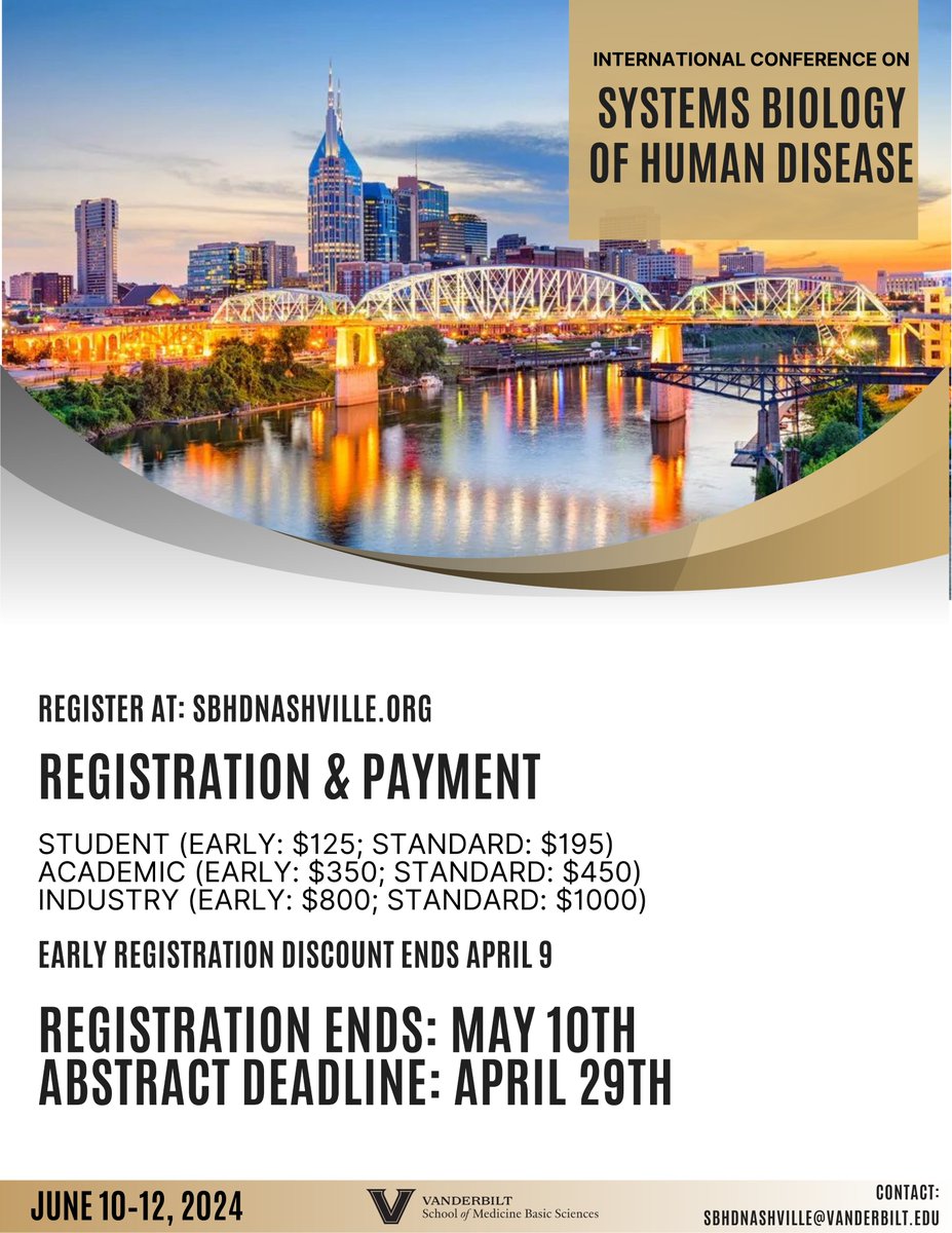 The annual International Conference on Systems Biology of Human Disease is happening this June. Registration is now open at sbhdnashville.org.