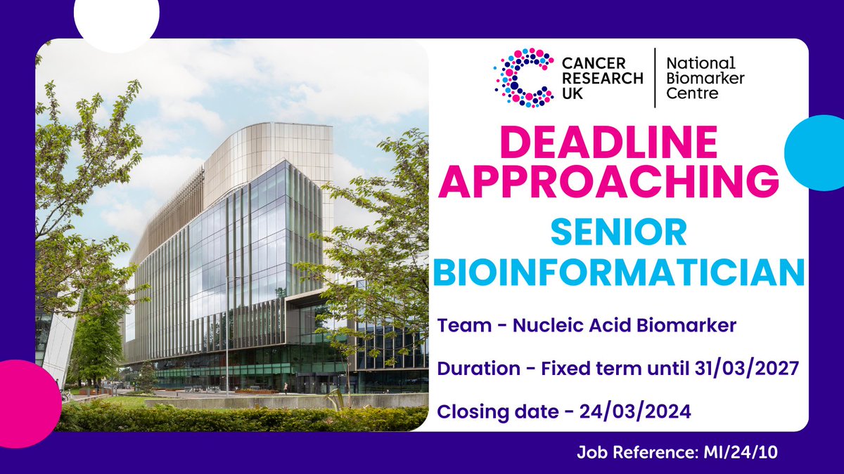 Deadline approaching! Make sure to submit your #application for the Senior Bioinformatician vacancy within the Nucleic Acid Biomarker Team at the CRUK National Biomarker Centre @cruk_nbc !🚨 Deadline: Sunday 24th March 2024🗓️ Link to vacancy: ⬇️ cruk.manchester.ac.uk/recruitment/ca…