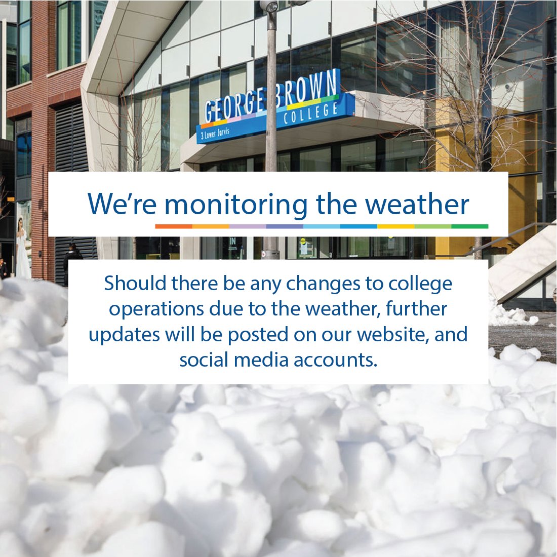 Environment Canada has issued a winter weather travel advisory for Toronto for late this afternoon and tonight. We’re monitoring conditions and expect GBC campuses to be open Fri, Mar 22, 2024. Please check STU-VIEW to determine if there are any individual class cancellations.