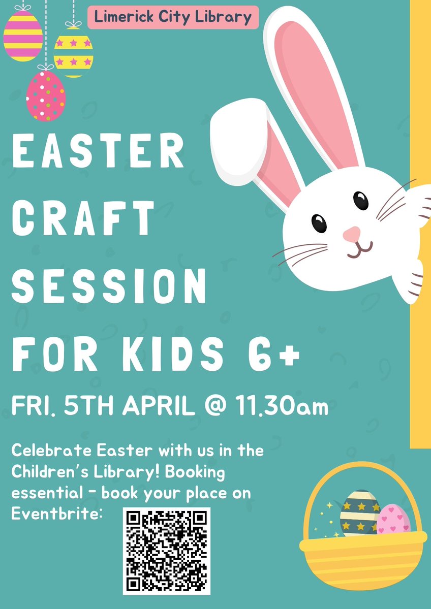 Join us in #CityLibrary for #Easter crafts🐣 🗓️Wednesday 27th March @ 12pm 🗓️Friday 5th April @ 11.30am Suitable for children 6 years +, BOOKING is essential at the links👇 eventbrite.ie/e/easter-craft… eventbrite.ie/e/easter-craft… or via the QR codes in the poster. #LimerickLibraries