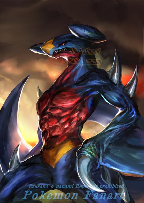 garchomp solo open mouth red eyes teeth tongue artist name cloud  illustration images