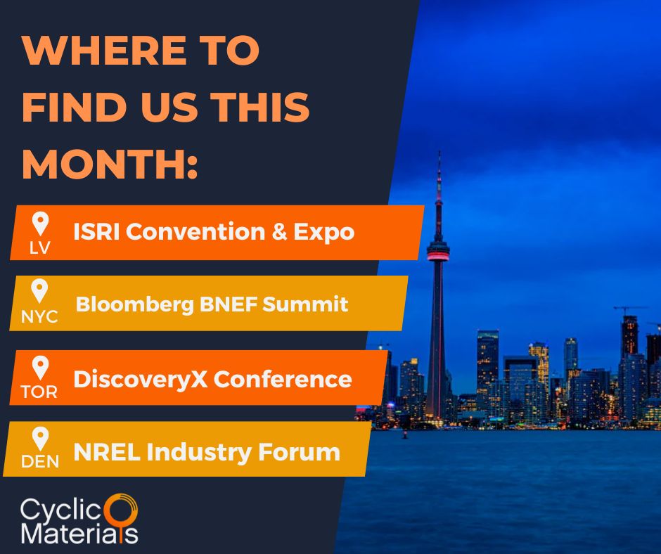 We're heading into a busy next few weeks! Find us at the following upcoming events: @ISRI Convention, @business BNEF Summit, DiscoveryX Conference, @NREL Forum. Reach out if you would like to connect onsite -- we hope to see you there! #REEs #AutomotiveIndustry