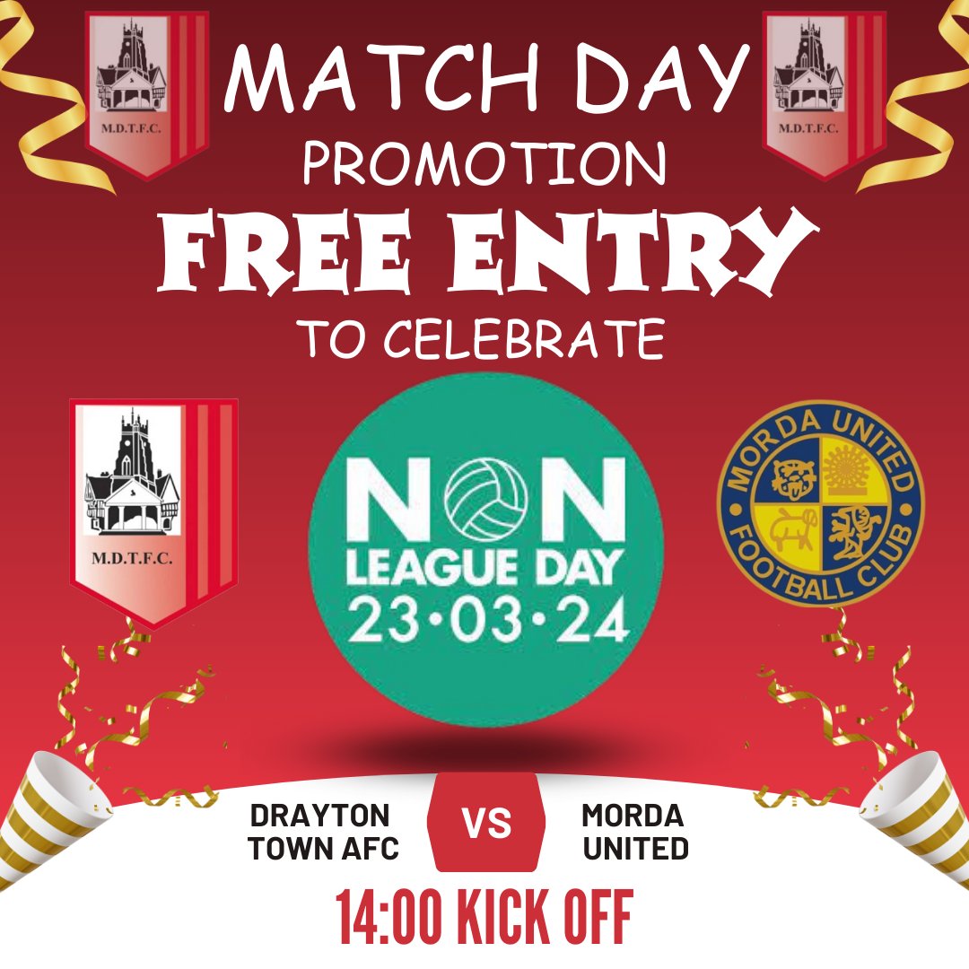 🎉 Let's Celebrate Non-League Day! 🎉

Join us tomorrow as we embrace the spirit of grassroots football with an exciting match day promotion! In honor of <a href="/nonleaguedayuk/">Non-League Day</a> we're thrilled to announce FREE ENTRY to tomorrow's AFC home match against <a href="/MordaUnitedFC/">MordaUnitedFC</a>
#NonLeagueDay