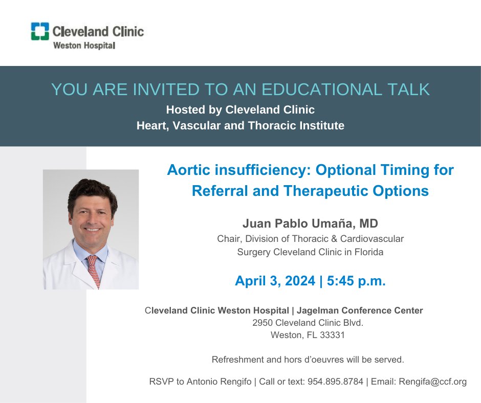 📅 Don't miss out! Join cardiothoracic surgeon Juan Umaña, MD, for an in-depth #healthtalk about aortic insufficiency. 🩺 cle.clinic/48DFn3F 📲 Call or text 954.895.8784 to register today.