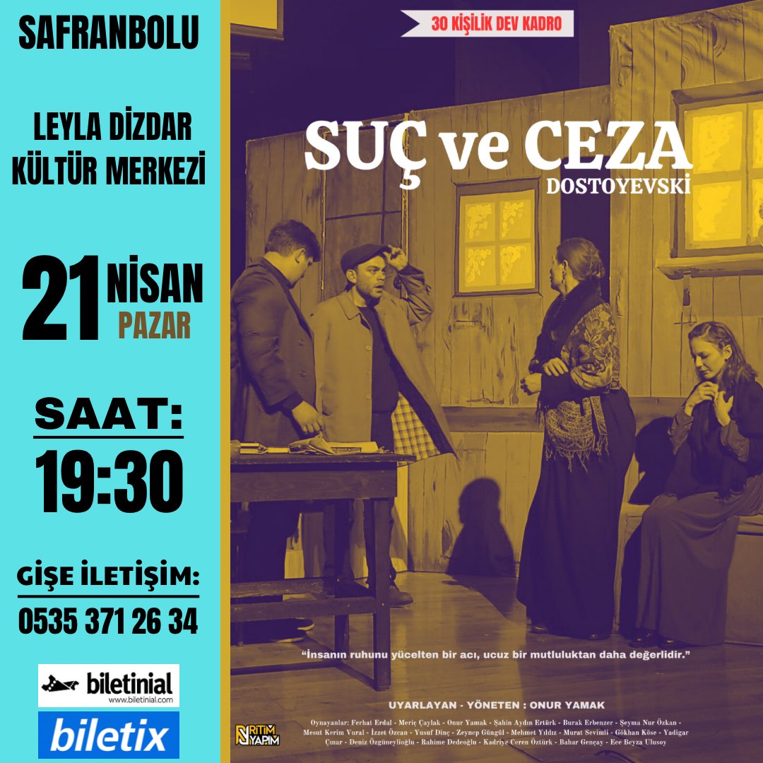 Tüm gösterimleri kapalı gişe sahnelenen “SUÇ ve CEZA” Karabük’te izleyici karşısına çıkıyor!

Biletler: 👉🏼 biletinial.com/tr-tr/tiyatro/…

#karabük #safranbolu #tiyatro