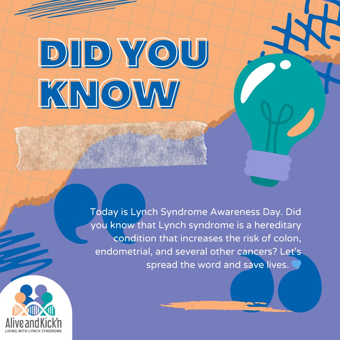 Did you know? Lynch syndrome is the most common hereditary cause of colorectal cancer, yet many remain unaware. This Lynch Syndrome Awareness Day, let's change that. Knowledge is the first step towards prevention. #LynchSyndromeAwarenessDay #LivingwithLynch #IamAliveandKickn