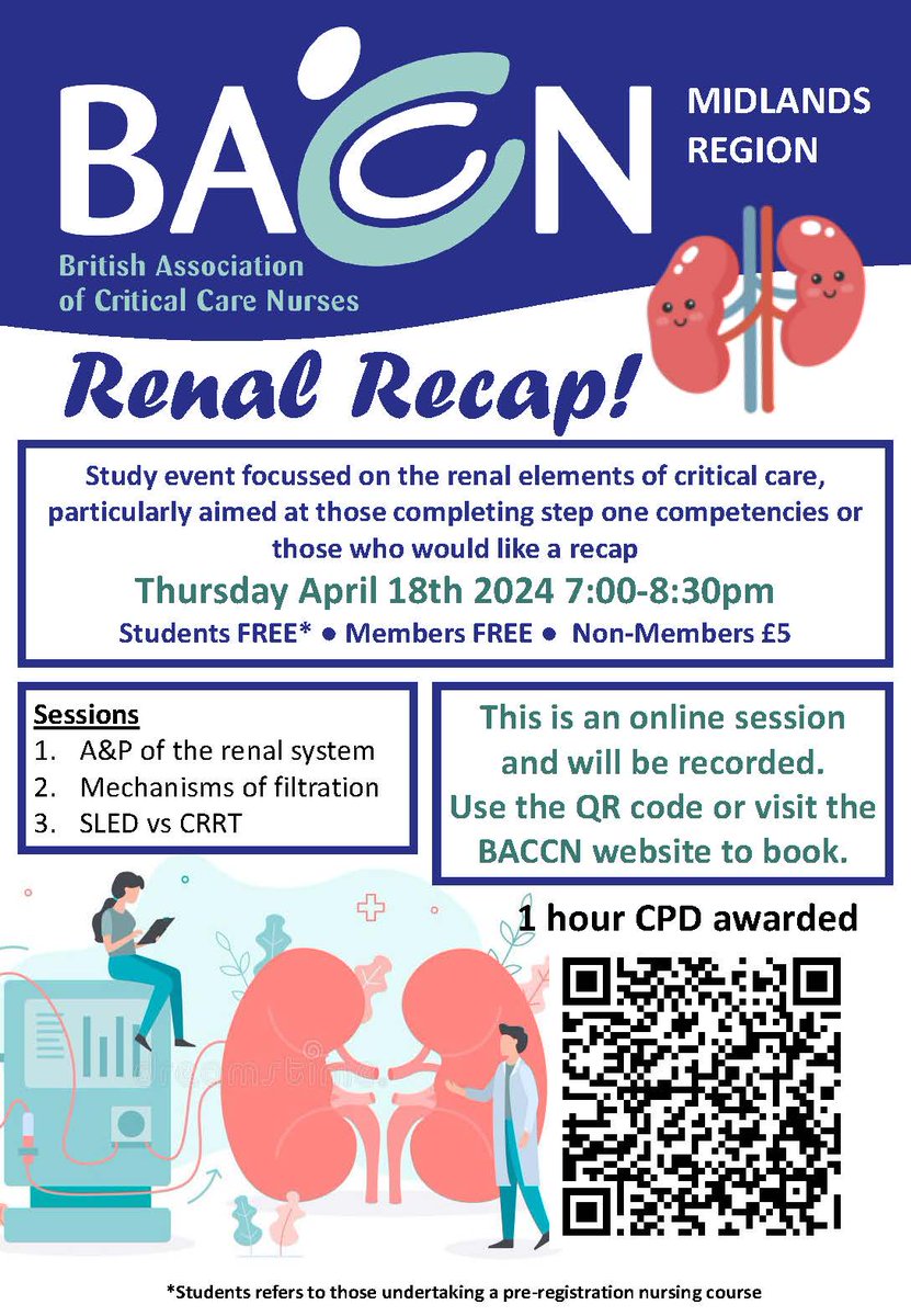 Midlands Region invite you to an online study event on Renal Recap, Thurs 18 Apr 19:00. This is particularly aimed at those completing step one competencies or those who would like a recap and is free to students and members. £5 to non-members. ow.ly/KnMS50Qwf3N
