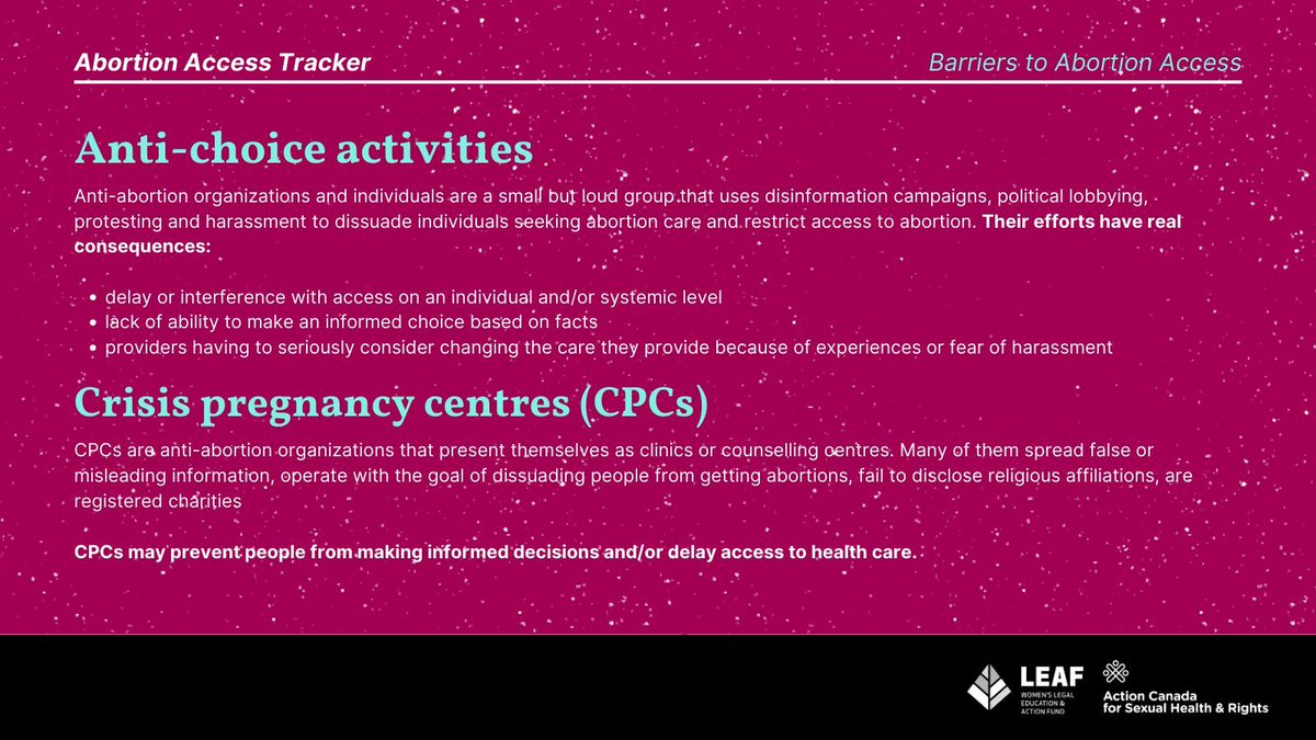 For those who experience barriers, abortion can be out of reach which has devastating impacts on pregnant people, their families, and their communities. The Abortion Access Tracker was created to protect and improve abortion access. abortionaccesstracker.ca @leafnational