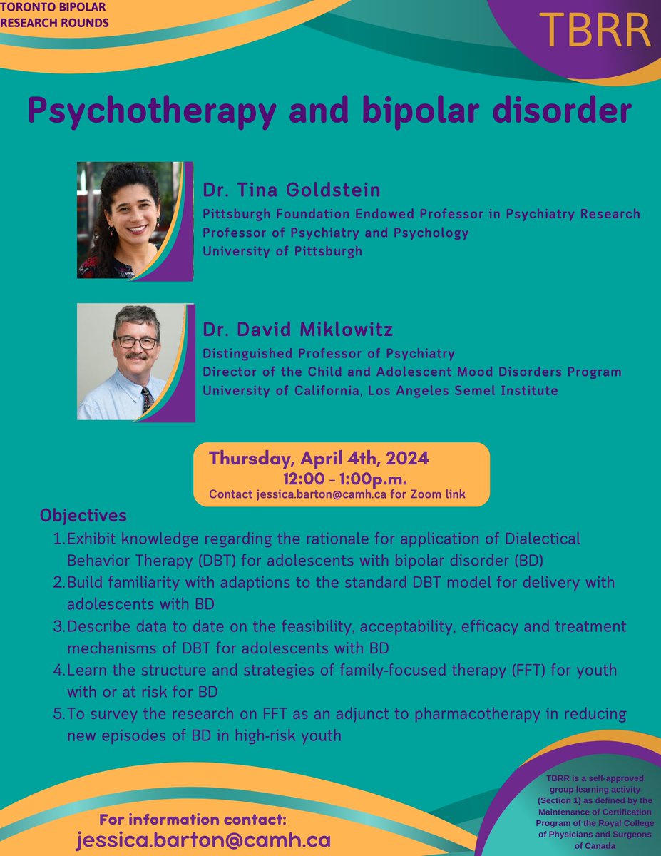 Join Toronto Bipolar Research Rounds for 'Psychotherapy and bipolar disorder' with Dr. Tina Goldstein and Dr. David Miklowitz. Thursday, April 4th, 12pm-1pm. Contact Jessica.barton@camh.ca for the Zoom link and to join the mailing list. #BipolarResearch @CAMHResearch