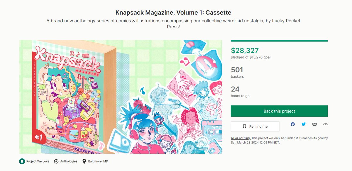 pocketini's tweet photo. 24 HOURS LEFT!!!!! It's your last chance to support KNAPSACK MAGAZINE on kickstarter!!! 20+ artists, 200+ pages offset printed in bright pink and aqua blue spot colors!! help us bring back serialized manga 🎒☀️📓🎂 https://t.co/PtQPsiGYk2