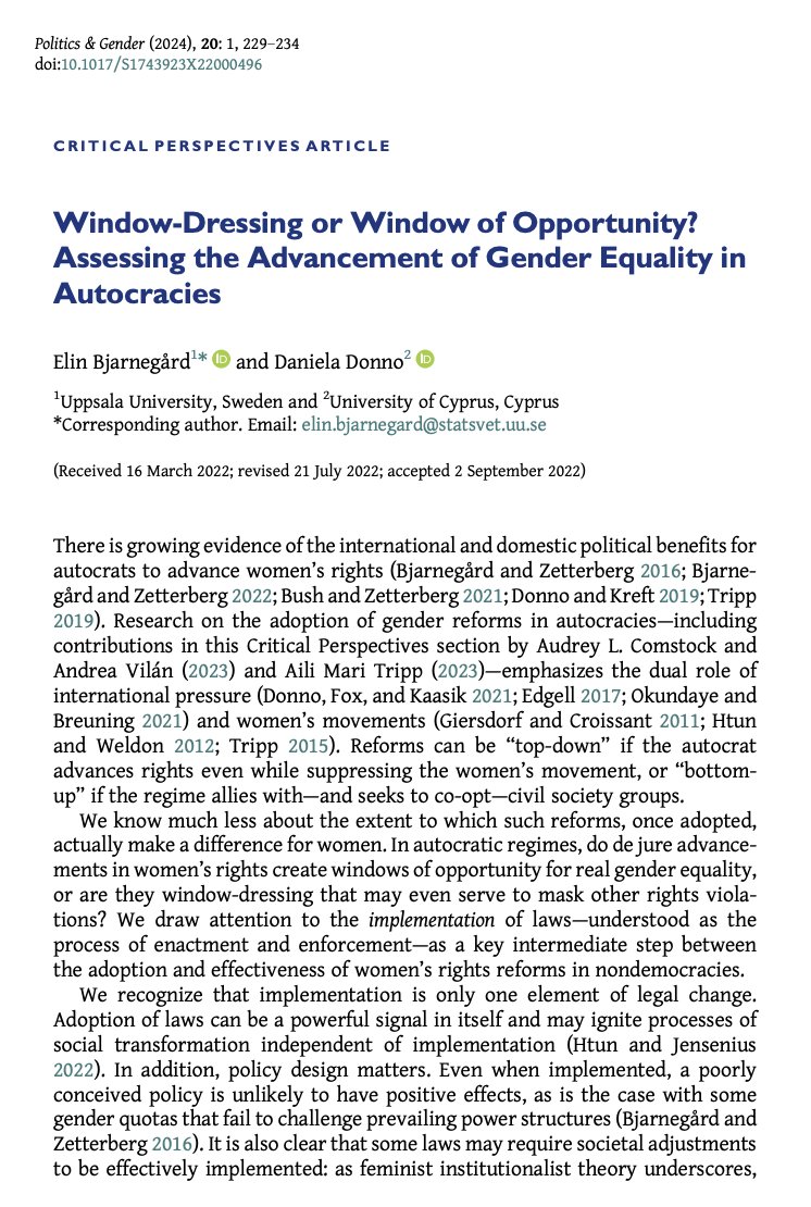 📢New #PAG20 Critical Perspectives📢 In 'Window-Dressing or Window of Opportunity?' @elinbja & @DonnoDaniela look to the role of implementation laws in understanding whether autocratic gender equality reforms are actually improving women's lives cambridge.org/core/journals/…