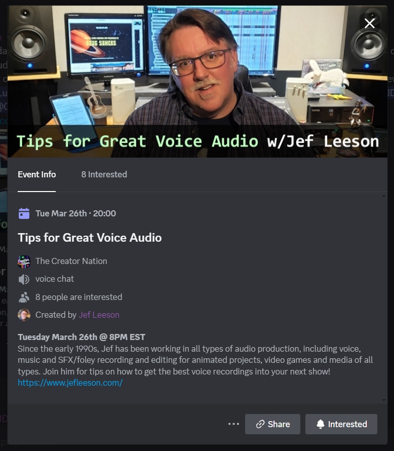 Happy to mention next Tuesday night (EST) I'm hosting a chat on @Creatornation1's Discord server about how #indie #animators can get the best voice recordings for their films. Join us! :)