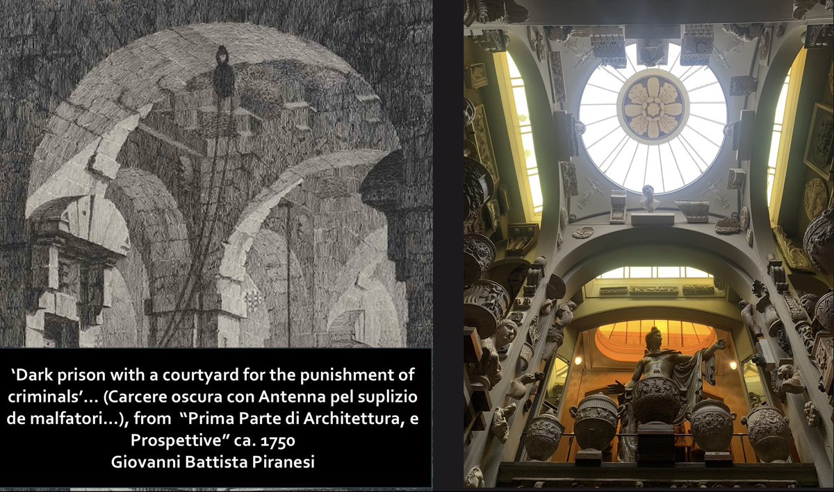 whitegoldsword's tweet photo. The way I see it #JohnSoane was influenced in using arches in his architecture from three sources-
# Triumphal arches of Ancient Rome
# Arches that appear regularly in the art of #GiovanniBattistaPiranesi (1720-78)
# Arches that appear in the frescoes of the Roman #VillaNegroni, the remains of which had been discovered and unearthed in 1777, a year before Soane’s own Grand Tour.

The triumphal arches of ancient Rome are somewhat linked to Piranesi’s arches as he was a great admirer of the city in which he lived. Soane had met Piranesi and owned some of his drawings, including some of those of the Greek Temples at #Paestum in Italy. The arches that appeared in Piranesi’s imaginary prison series (in particular ‘Dark prison with a courtyard for the punishment of criminals... (Carcere oscura con Antenna pel suplizio dè malfatori...), from "Prima Parte di Architettura, e Prospettive") were also of importance in Soane’s architecture.