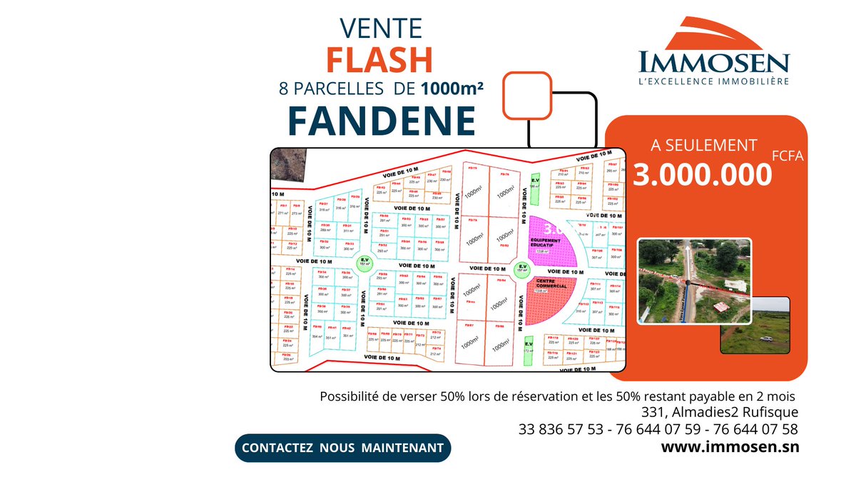 IMMOSENSarl's tweet photo. 💡 VENTE  FLASH
🔴PROMO : 3MILLIONS  POUR  1000m²🔴
 8 parcelles de 1000 m²  à vendre à THIES / FANDENE
💈 1000m2 = 3.000.000 FCFA
🔴CONTACT :
🔸Tel : 33 836 57 53
🔸WhatsApp : 76 644 07 59
🔸 Courriel : contact@immosen.sn
🔸 Site : https://t.co/VIk1x348dI https://t.co/8oQ6OlbJxq