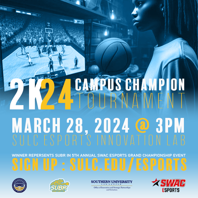 SouthernU_BR's tweet photo. SU student-gamers, sign up for @subr_esports' @NBA2K '24 and @EAMaddenNFL campus championships happening Thursday, March 28 here on campus. The winners go to the #SWAC #esports championship. For more info and to sign up, go to https://t.co/oWq7qmov7T. #WeAreSouthern #HBCU #gamers https://t.co/dMXJDtWXui