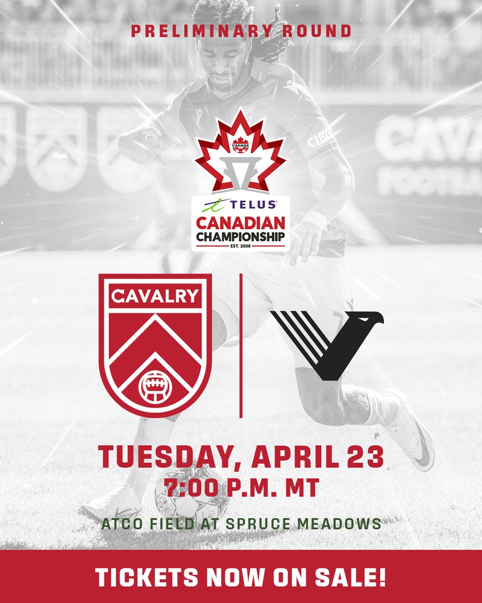 Match tickets for the <a href="/TELUS/">TELUS</a> Canadian Championship are ON SALE! 
🎟️: cavalryfc.ca/canchamp

Join us for another Voyageurs Cup run as we take on Vancouver Football Club in the Preliminary Round on April 23. 🍁

FOR THIS MATCH ONLY, as a welcome back to ATCO Field, tickets are