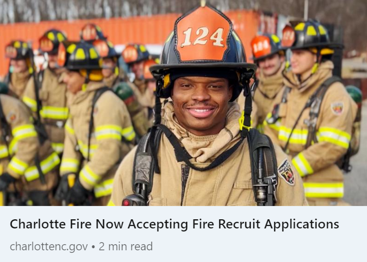 Charlotte Fire is accepting applications for its firefighter recruit program. A career in the fire service is a something many people dream about.  A firefighter is a noble and rewarding career that allows you to make a difference in your community. bit.ly/3wYrQFZ