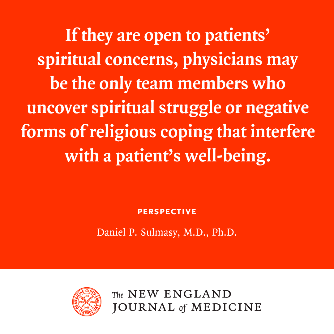 The ethical principles of beneficence and respect for patients as whole persons may require doctors to inquire about patients’ spiritual and religious needs and refer them to a chaplain as appropriate. Read the full Perspective: nej.md/3x54MoY