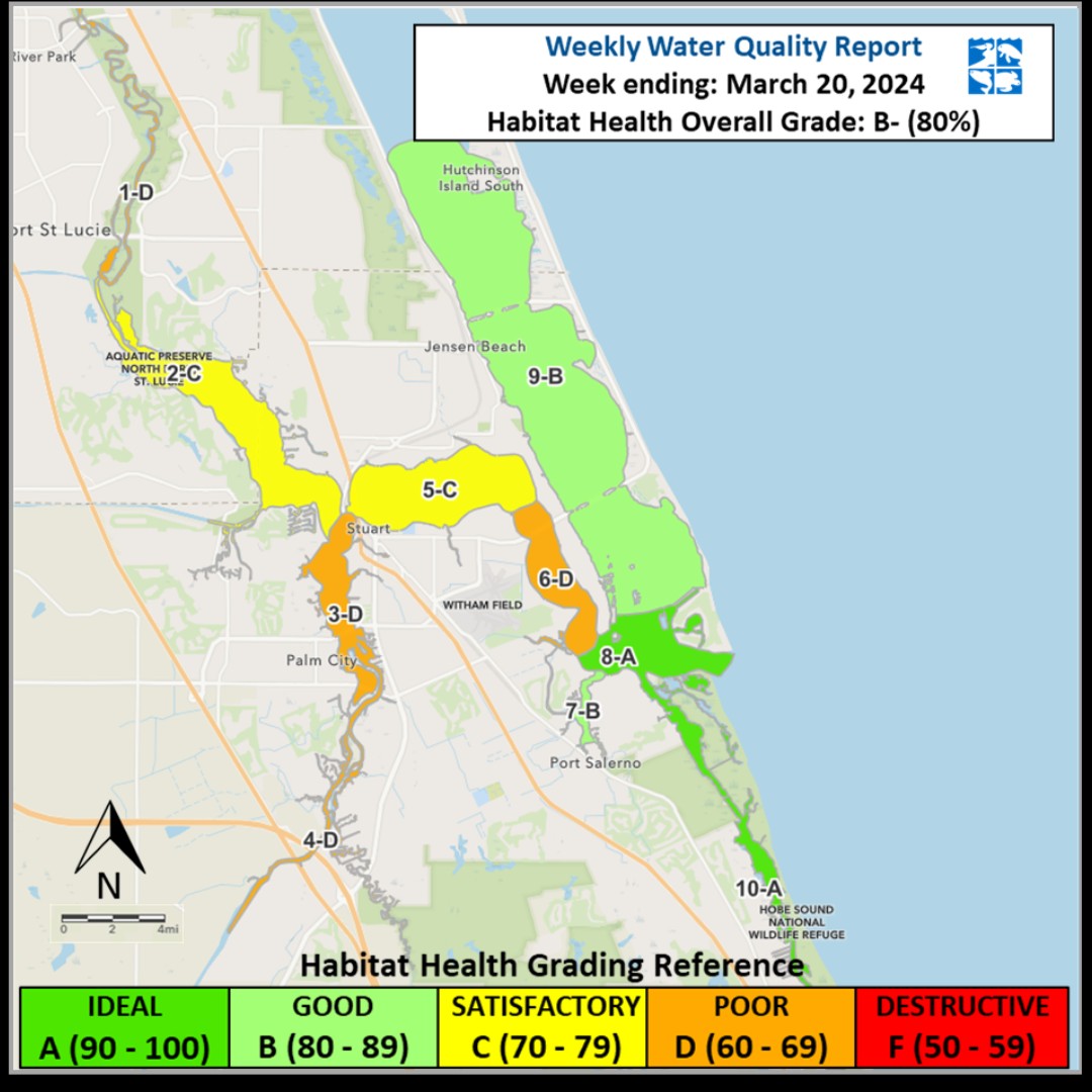 This week’s water quality grade for habitat health in the SLE and southern IRL earned a “B-” based on water clarity, oxygen content, and salinity values in 32 reports across 10 zones. #onelagoon Read the full report 👉 ow.ly/W4oO50QZCO1